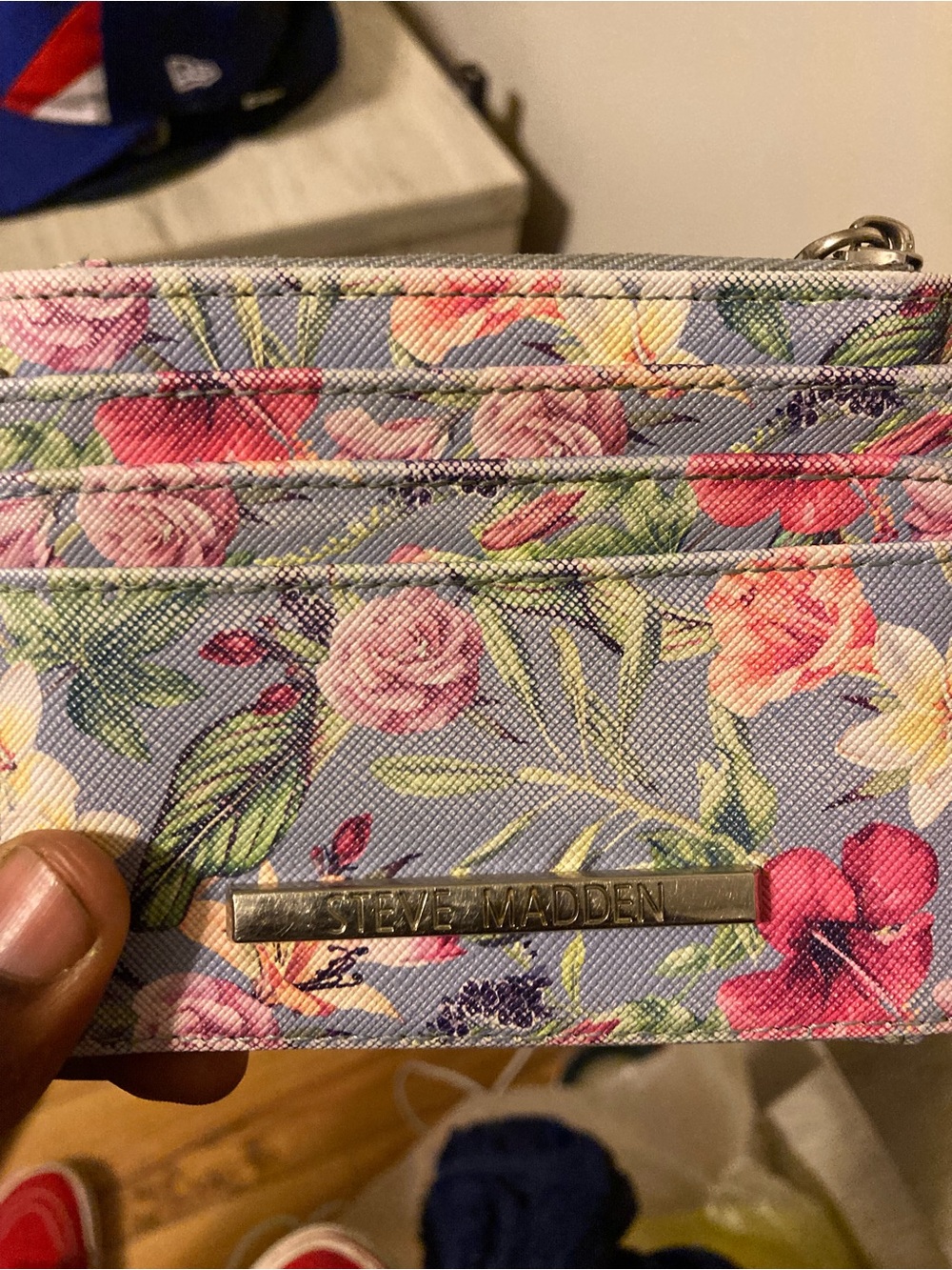 Steve Madden Floral Card Case in Light Blue with Pink & Green Accents